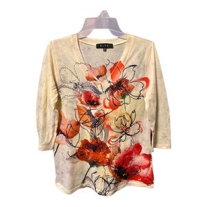 B.L.E.U. Watercolor Floral Knit Pullover V-neck Shirt Top Blouse Medium Poppy